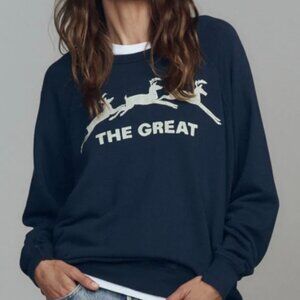 THE GREAT. NAVY LOGO COLLEGE REINDEER SWEATSHIRT SZ 2
